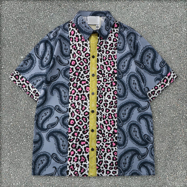 Vintage Leopard Print Stand Collar Street Shorts Set