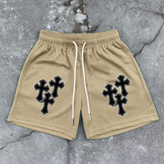 Trendy retro print mesh cross shorts