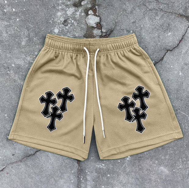Trendy retro print mesh cross shorts