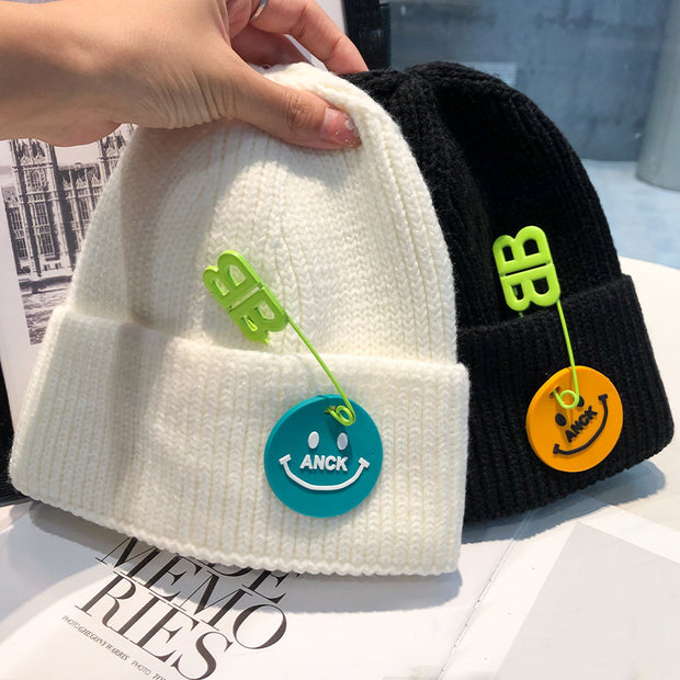 Fashion trend knitted hat female curled pin hip-hop smiley couple woolen hat winter warm hat male