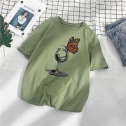 Casual Loose Butterfly Cup Print Cotton T-Shirt