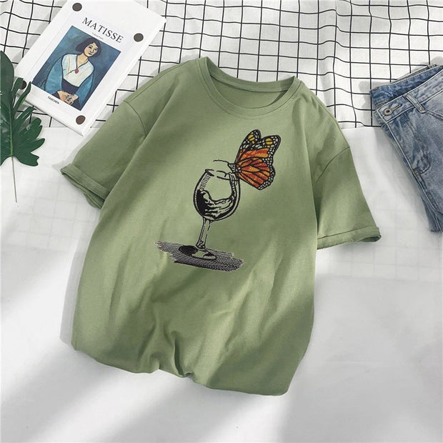 Casual Loose Butterfly Cup Print Cotton T-Shirt