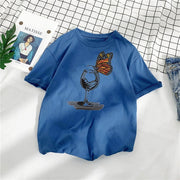 Casual Loose Butterfly Cup Print Cotton T-Shirt