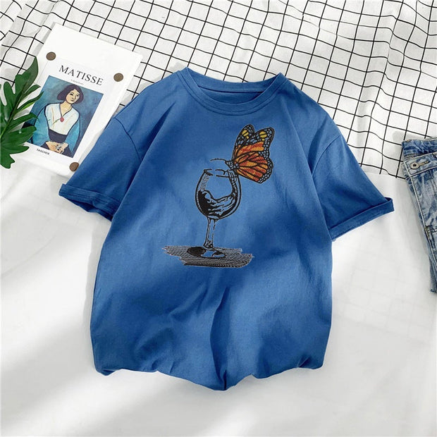Casual Loose Butterfly Cup Print Cotton T-Shirt