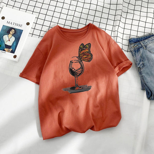 Casual Loose Butterfly Cup Print Cotton T-Shirt