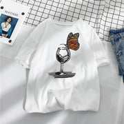 Casual Loose Butterfly Cup Print Cotton T-Shirt