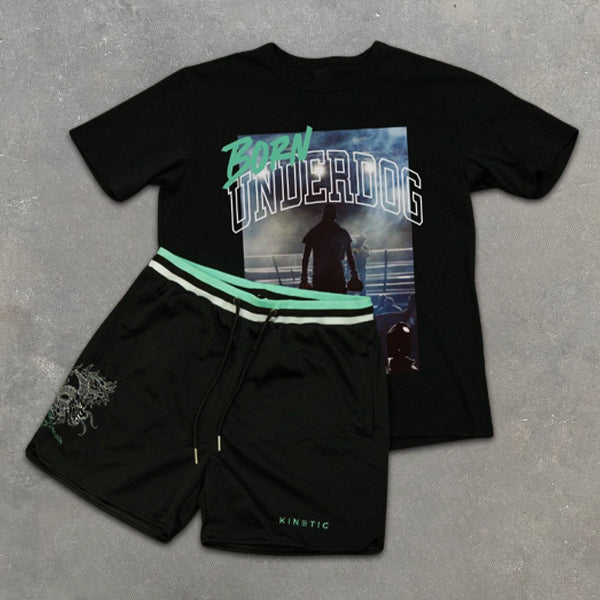 Photo Print Short Sleeve Colorblock Shorts Two-Piece Set