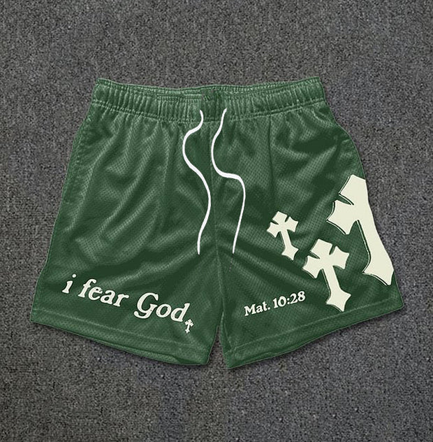 Casual Letters & Cross Print Mesh Shorts
