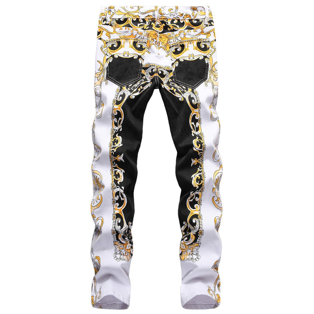 Color dial craft printing personality retro small straight denim trousers