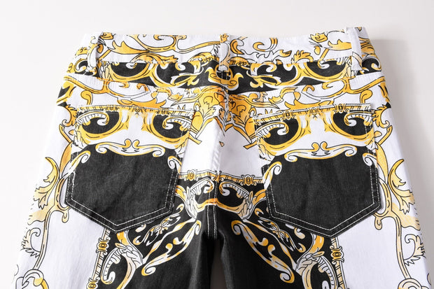 Color dial craft printing personality retro small straight denim trousers