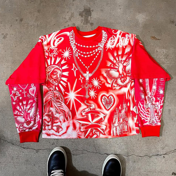 Fake Two Cross Mix Print Long Sleeve T-Shirt