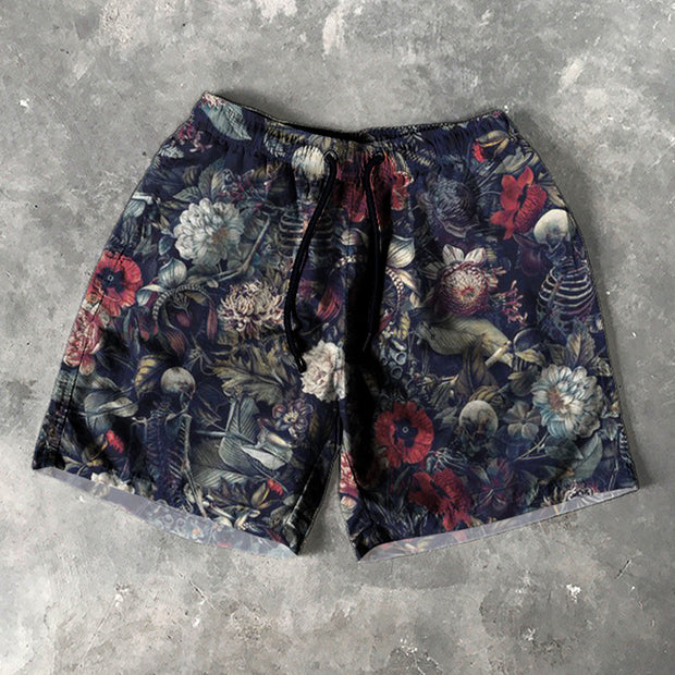 Skull Flower Print 5 Inseam Shorts