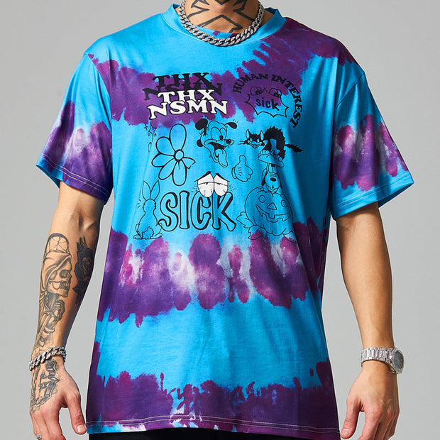 Retro cartoon personality tie-dye printed short-sleeved T-shirt