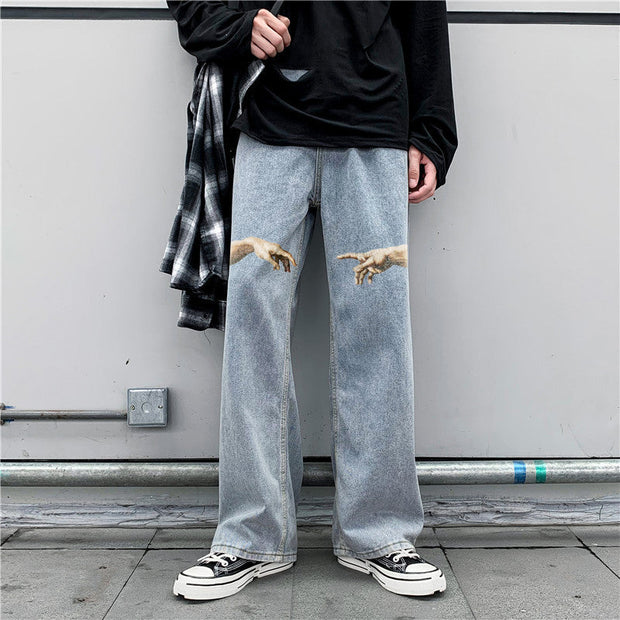 Retro street style print fashion trousers jeans