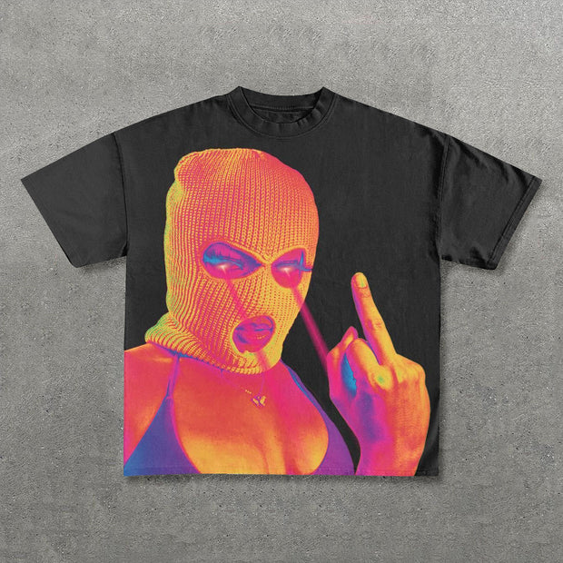 Arrogant Mask Girl Print Short Sleeve T-Shirt