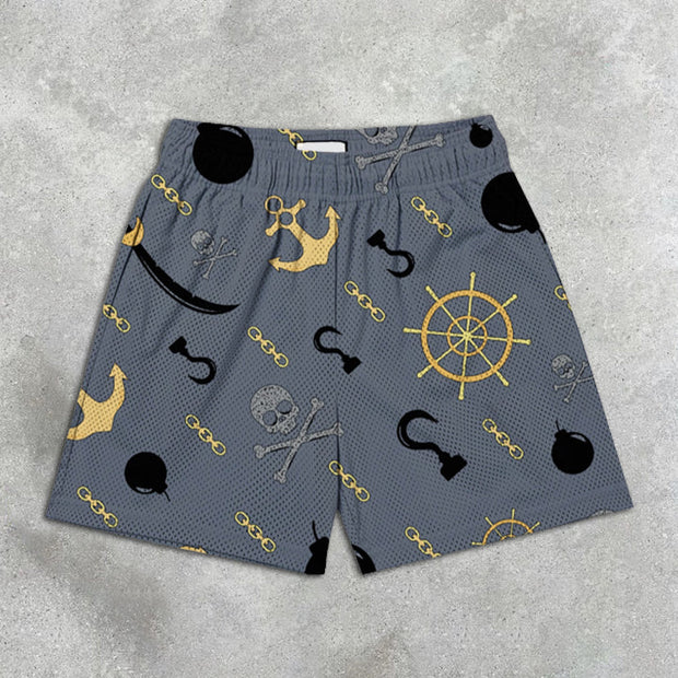 Skull Anchor Print Elastic Shorts