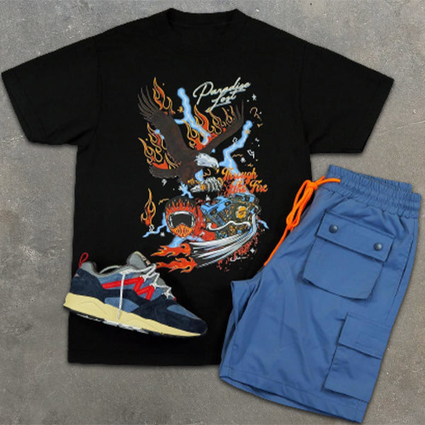 Eagle Graphic Print Short Sleeve Pocket Shorts Two-Piece Set
