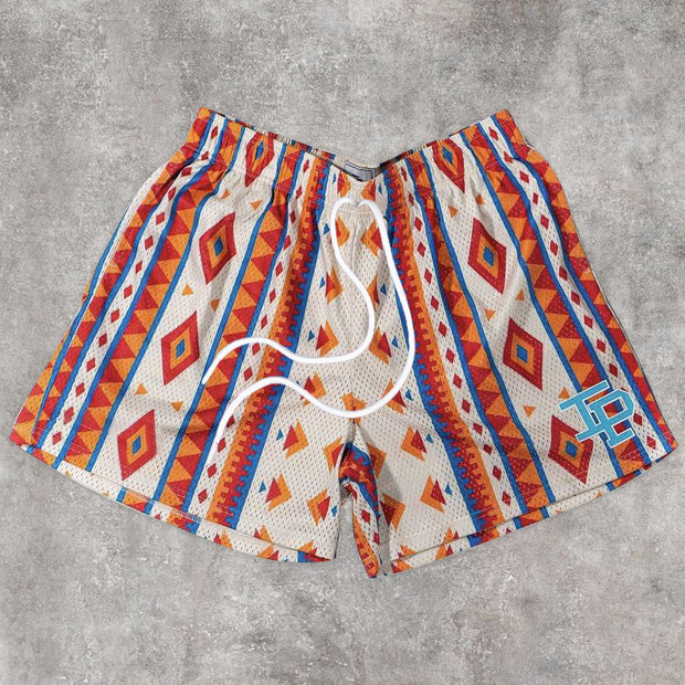 Casual Vintage Diamond Print Mesh Shorts