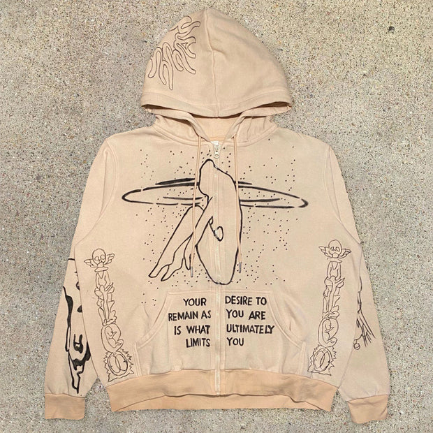Sporty personality zipper print hoodie