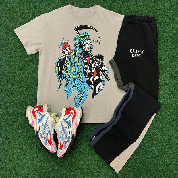 Skull Lettering Print T-shirt Sweatpants Two Piece Set