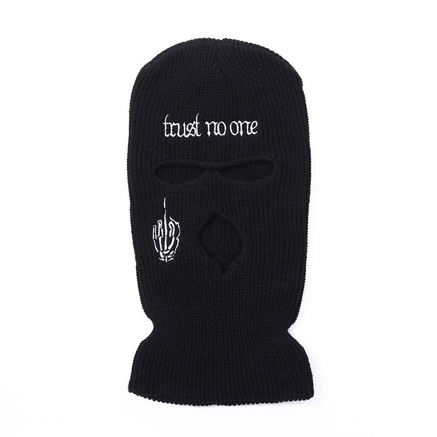 Embroidered warm letter wool hat outdoor windproof hip-hop mask head cover three-hole knitted hat