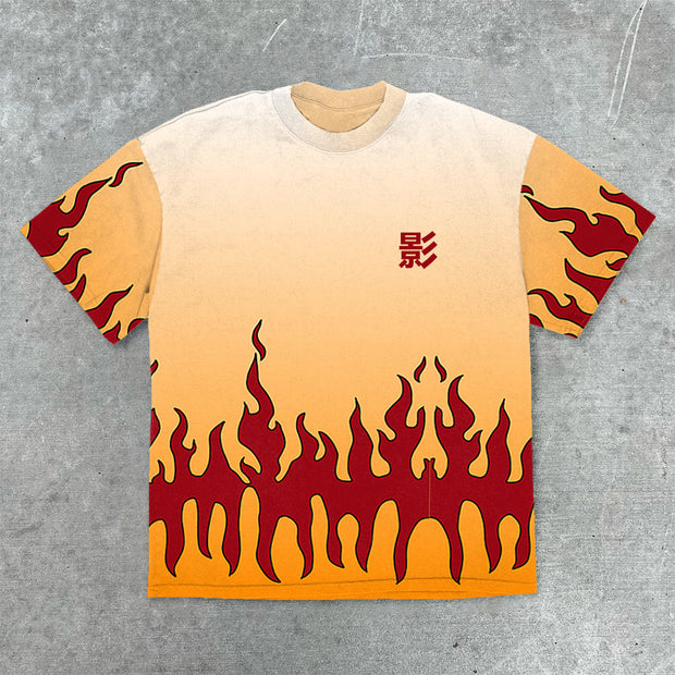 Trendy flame print casual short-sleeved T-shirt