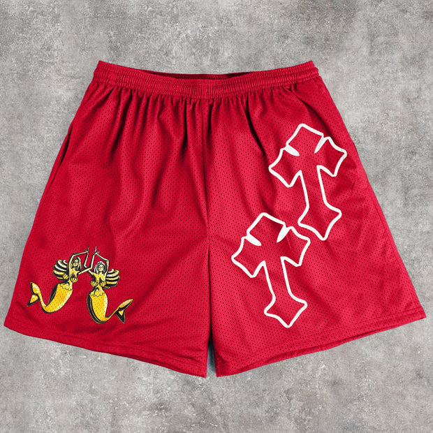 Cross Vintage Tide Brand Print Mesh Shorts