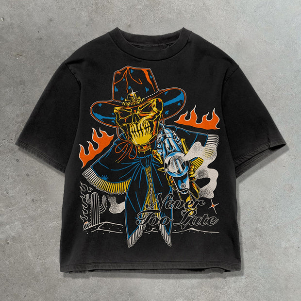 Skull Western Cowboy Casual Street Print T-shirt