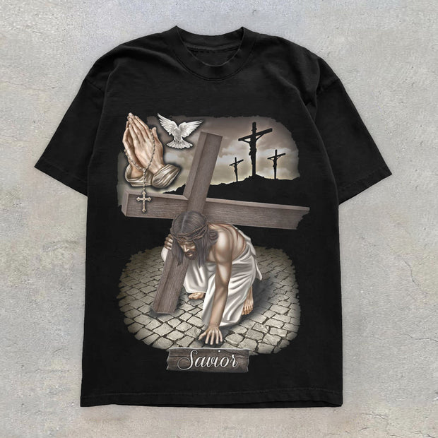 Personality Street Style Retro Print Crew Neck Short Sleeve T-Shirt