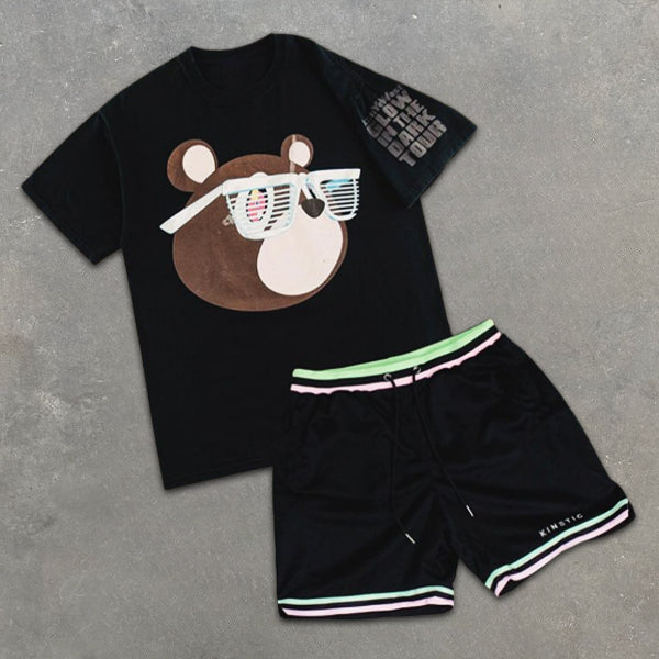 Bear Print Short Sleeve Colorblock Shorts Two-Piece Set