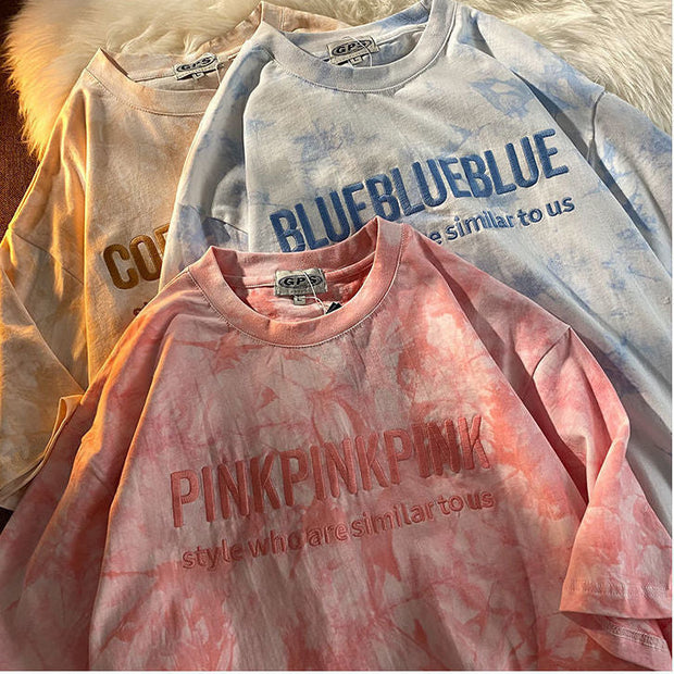 Loose letter embroidery tie-dye short sleeves
