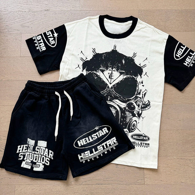 Son of Hell Casual Street Retro T-shirt Shorts Two-piece Set