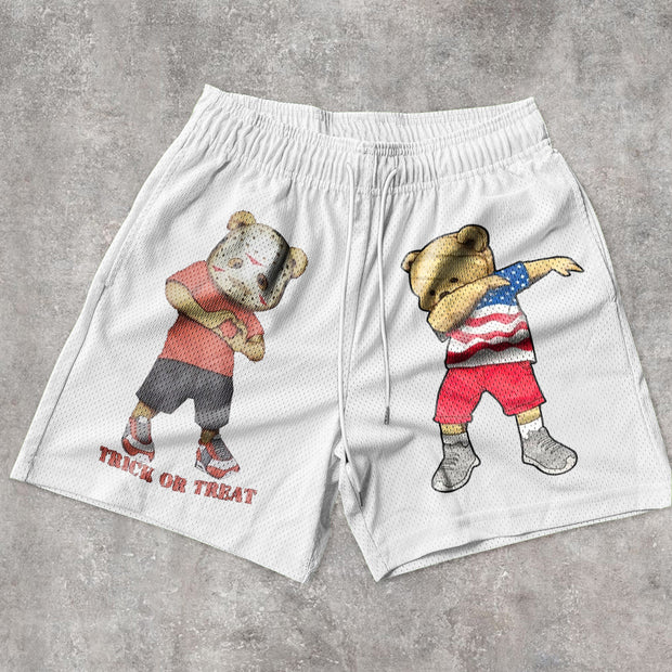 Vintage Bear Casual Print Mesh Shorts