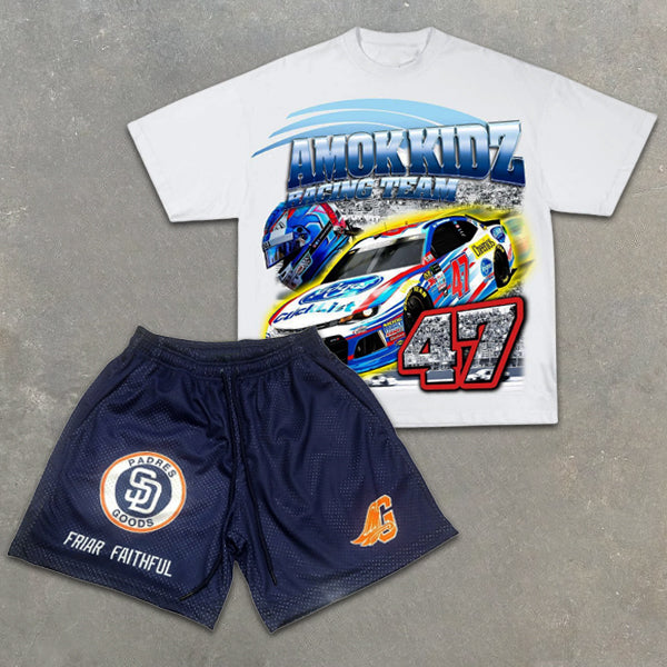 Racing Graphic Print Short Sleeve Two Piece