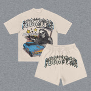 Skull Letters Print Short Sleeve Two Piece Set