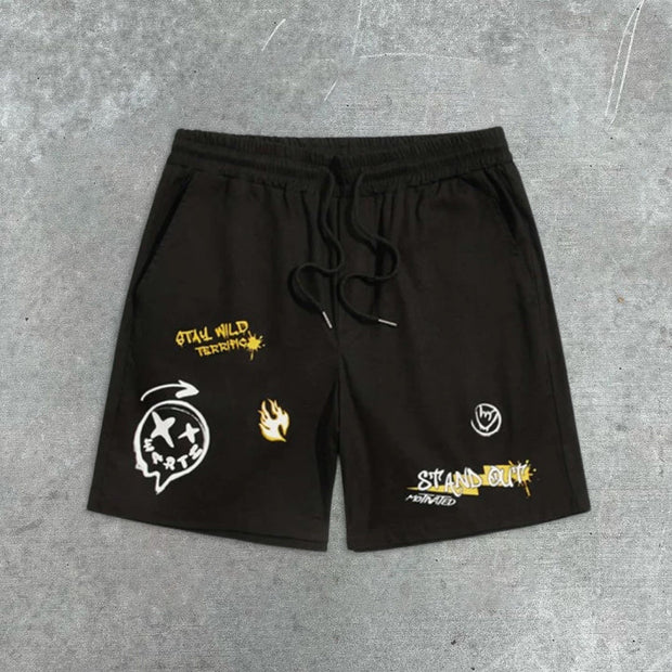 Smiley Graffiti Print Drawstring Shorts