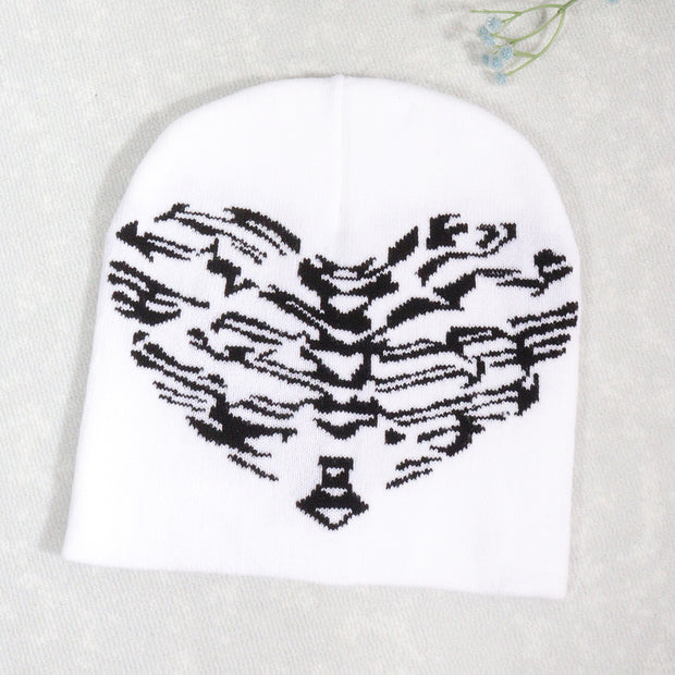 Knitted pullover heart-shaped skull Y2K jacquard hat for men and women