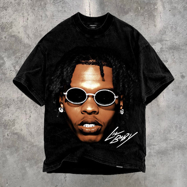 Fashionable round neck distressed retro oversized T-shirt