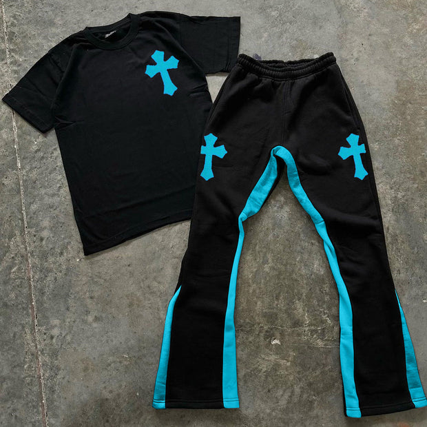 Cross Print T-Shirt Trousers Two-Piece Set