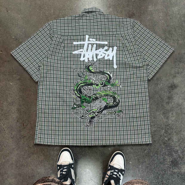 Letters Dragon Plaid Print Button Short Sleeve Shirt