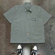Letters Dragon Plaid Print Button Short Sleeve Shirt
