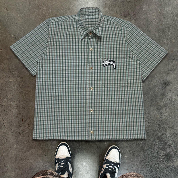 Letters Dragon Plaid Print Button Short Sleeve Shirt