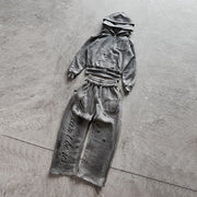 Retro appliqué irregular waistband sweatpants set