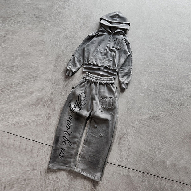 Retro appliqué irregular waistband sweatpants set