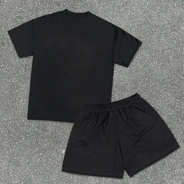 Cartoon Retro Hip Hop Mesh Shorts T-Shirt Set