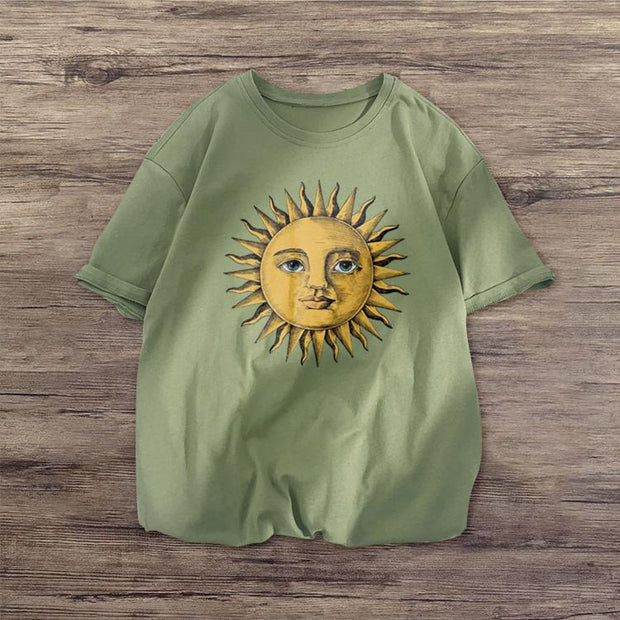 Sun fashion retro print short-sleeved T-shirt