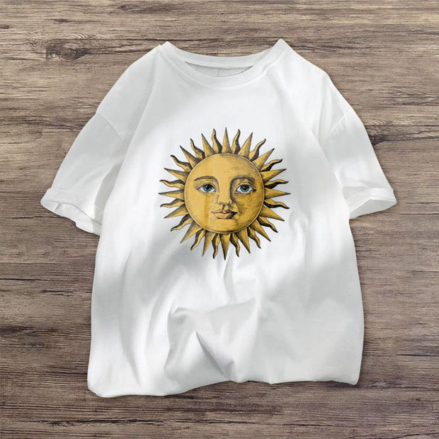 Sun fashion retro print short-sleeved T-shirt