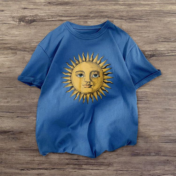 Sun fashion retro print short-sleeved T-shirt