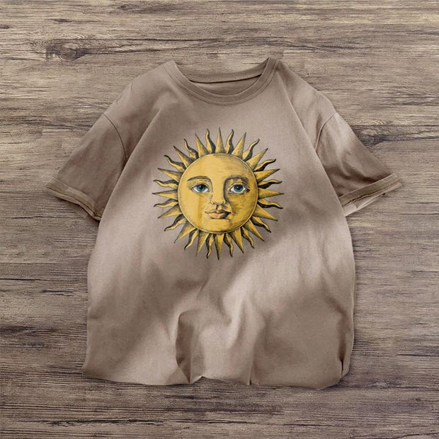 Sun fashion retro print short-sleeved T-shirt