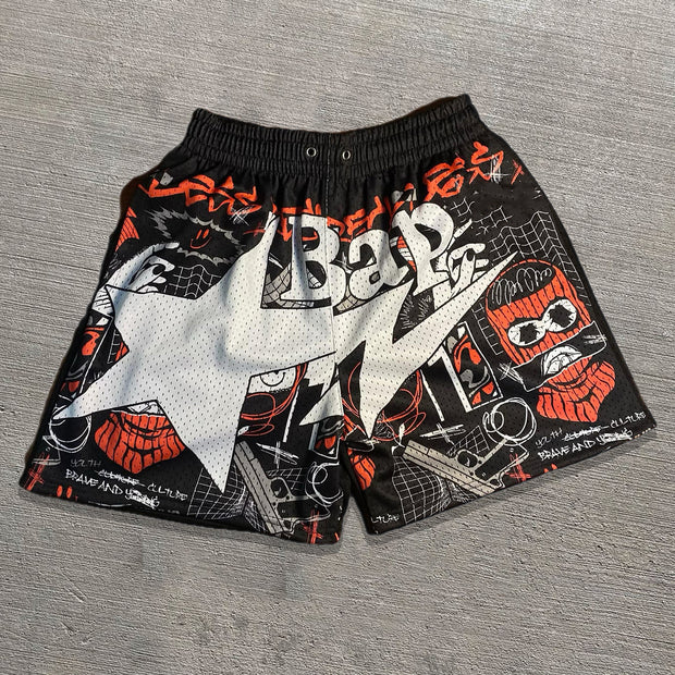 Lucky Star Casual Street Graffiti Retro Mesh Shorts